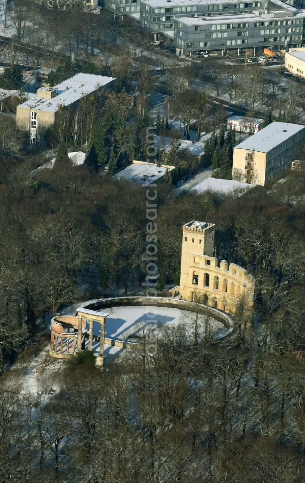 Aerial photograph Potsdam - Wintry snowy waterworks with high storage facility in Potsdam in the state Brandenburg