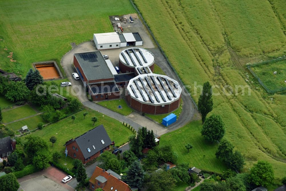 Schwarzenbek from above - Structure of the waterworks with high storage facility in Schwarzenbek in the state Schleswig-Holstein, Germany