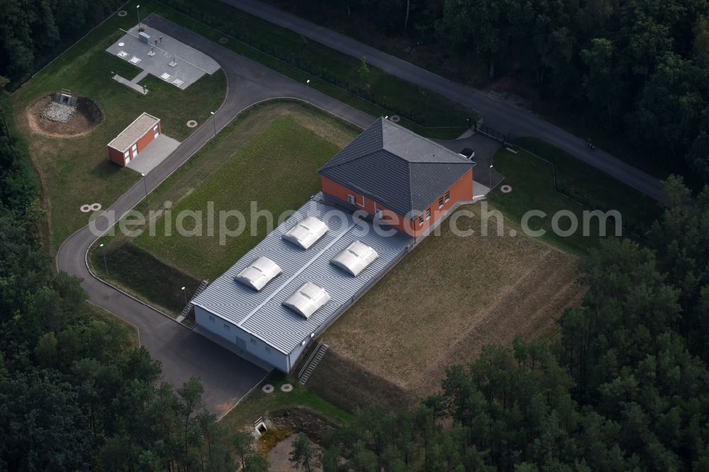 Spitzmühle from the bird's eye view: Structure of the waterworks with high storage facility in Spitzmuehle in the state Brandenburg