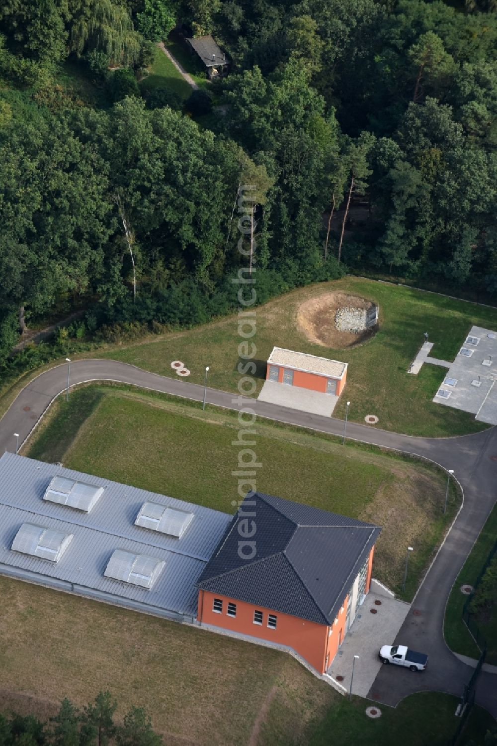 Spitzmühle from above - Structure of the waterworks with high storage facility in Spitzmuehle in the state Brandenburg