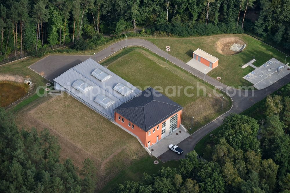 Spitzmühle from the bird's eye view: Structure of the waterworks with high storage facility in Spitzmuehle in the state Brandenburg