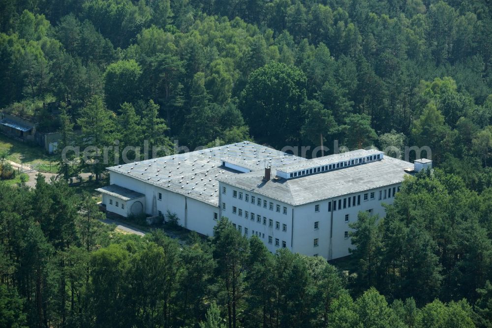 Kossa from the bird's eye view: Waterworks in Kossa in the state of Saxony. The building with the flat roof and solar cells is located in a forest on B-Weg in the North of the area of Kossa