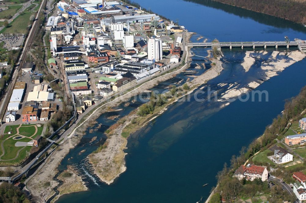 Rheinfelden (Baden) from above - Structure and dams of the waterworks and hydroelectric power plant across the Rhine in Rheinfelden (Baden) in the state Baden-Wuerttemberg, Germany