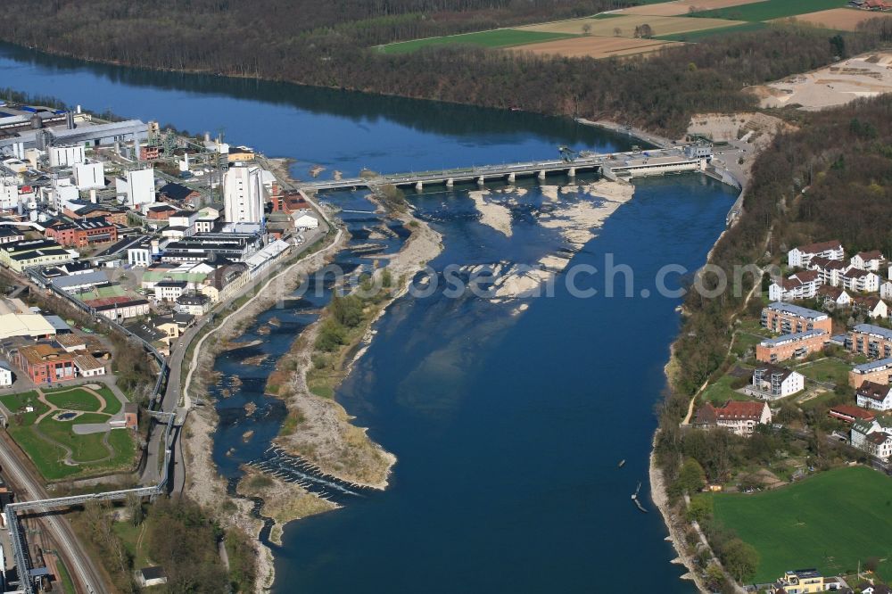 Rheinfelden (Baden) from the bird's eye view: Structure and dams of the waterworks and hydroelectric power plant across the Rhine in Rheinfelden (Baden) in the state Baden-Wuerttemberg, Germany