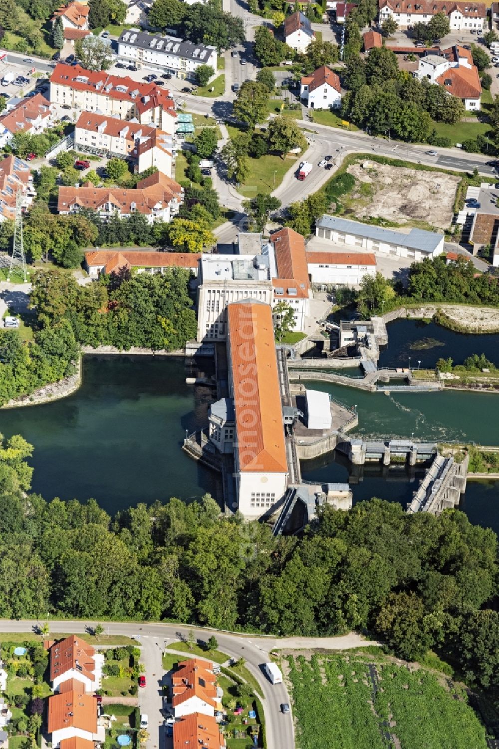 Finsing from the bird's eye view: Structure and dams of the waterworks and hydroelectric power plant E.ON Wasserkraft GmbH in Finsing in the state Bavaria, Germany