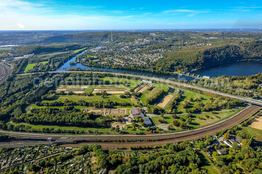 Aerial photograph Hagen - Structure and dams of the waterworks and hydroelectric power plant Hengstey in Hagen in the state North Rhine-Westphalia, Germany