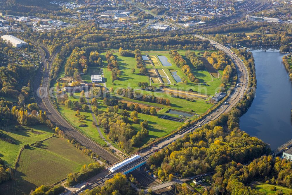 Aerial photograph Hagen - Structure and dams of the waterworks and hydroelectric power plant Hengstey in Hagen at Ruhrgebiet in the state North Rhine-Westphalia, Germany