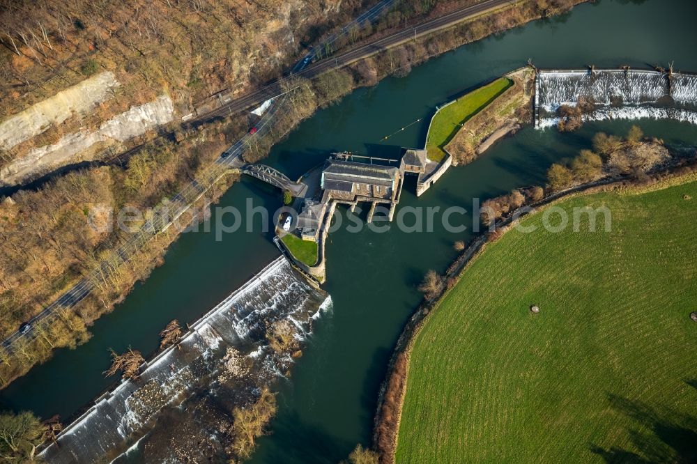 Witten from the bird's eye view: Structure and dams of the waterworks and hydroelectric power plant Hohenstein on Wetterstrasse in Witten in the state North Rhine-Westphalia