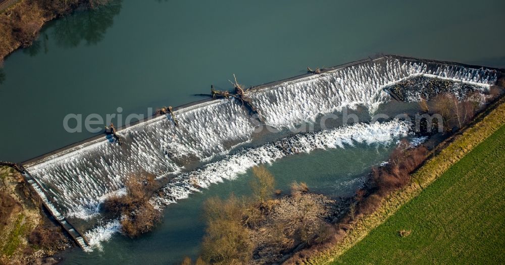 Witten from above - Structure and dams of the waterworks and hydroelectric power plant Hohenstein on Wetterstrasse in Witten in the state North Rhine-Westphalia