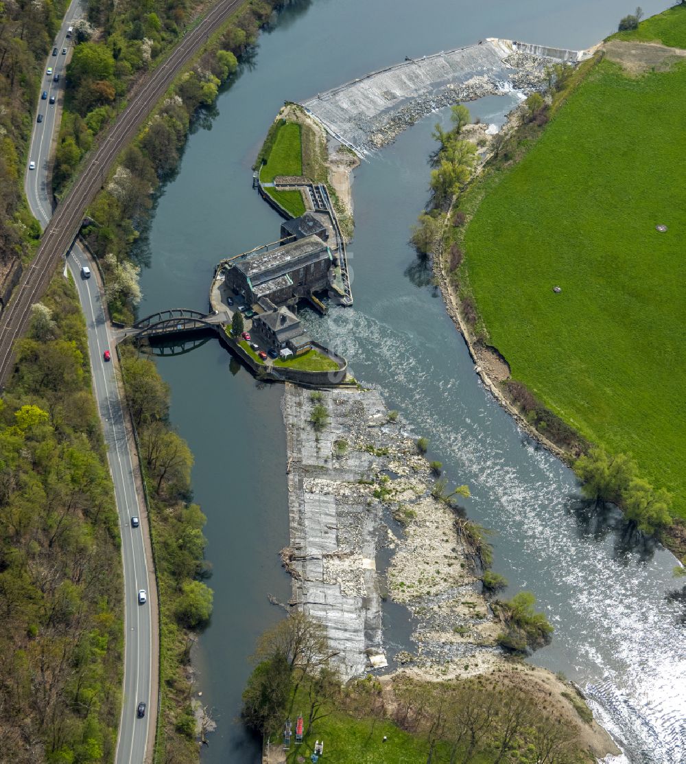 Witten from the bird's eye view: Structure and dams of the waterworks and hydroelectric power plant Hohenstein on Wetterstrasse in Witten in the state North Rhine-Westphalia