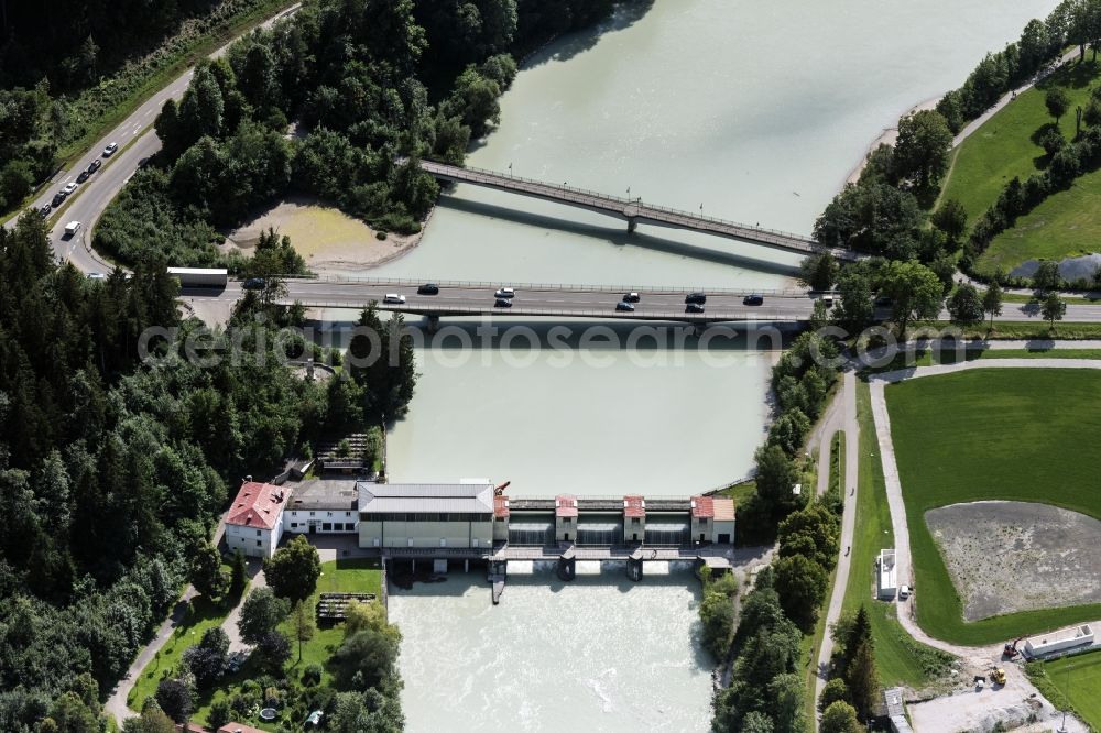 Schwangau from above - Structure and dams of the waterworks and hydroelectric power plant Horn of Allgaeuer Ueberlandwerke in Schwangau in the state Bavaria, Germany