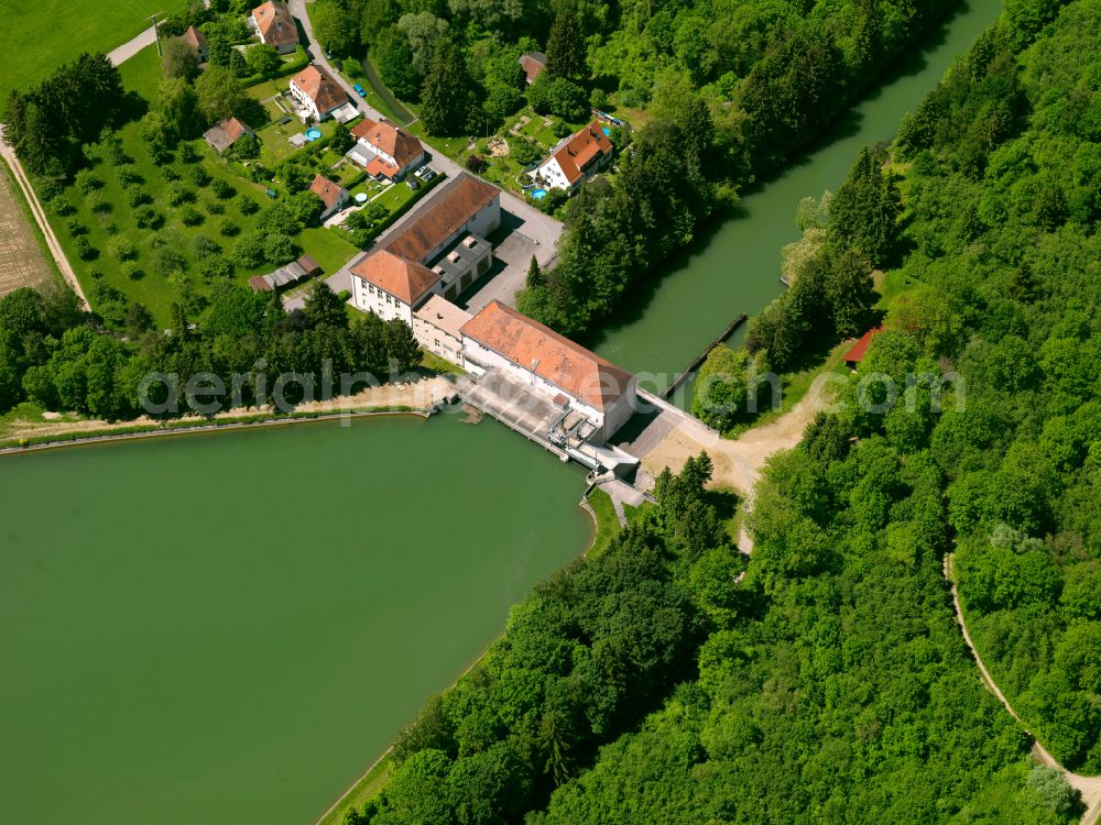 Dettingen an der Iller from the bird's eye view: Structure and dams of the waterworks and hydroelectric power plant on Illerkanal in Dettingen an der Iller in the state Baden-Wuerttemberg, Germany