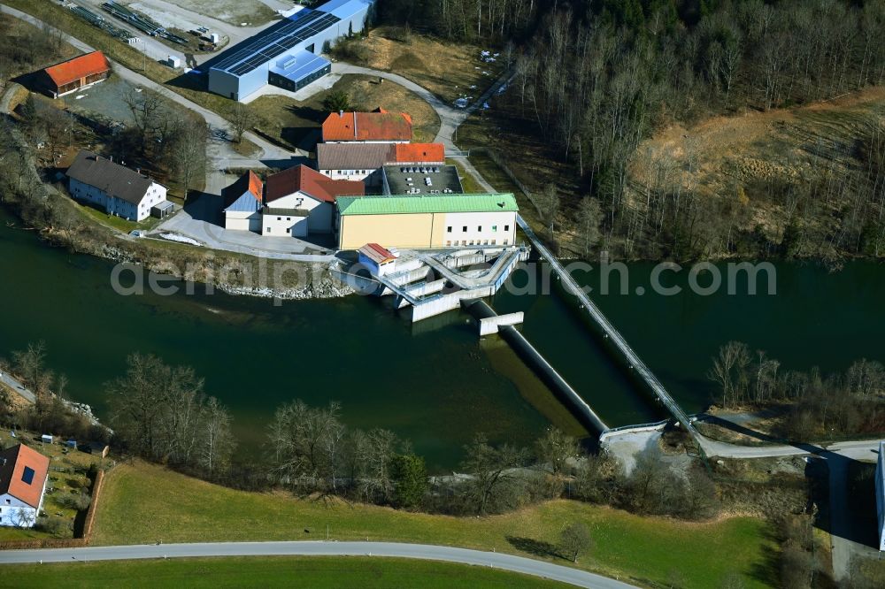 Sulzberg from above - Structure and dams of the waterworks and hydroelectric power plant Illerkraftwerk Au in Sulzberg in the state Bavaria, Germany