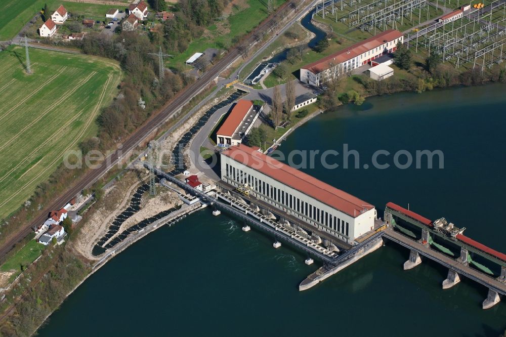 Aerial photograph Möhlin - Structure and dams of the waterworks and hydroelectric power plant - Kraftwerk Ryburg-Schwoerstadt on Kraftwerkstrasse in Moehlin in the canton Aargau, Switzerland