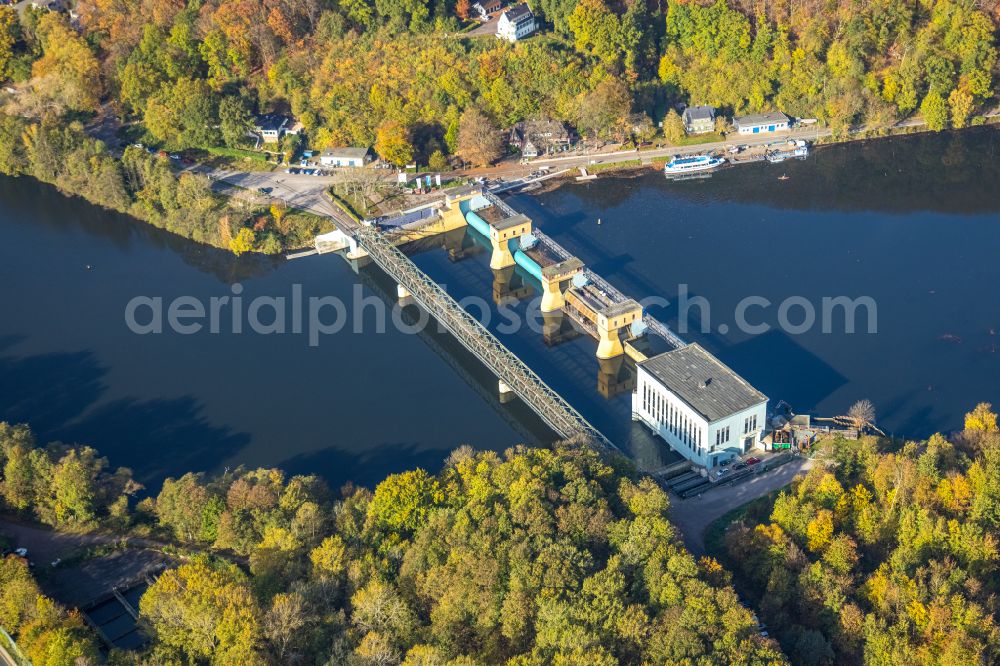 Hagen from the bird's eye view: Structure and dams of the waterworks and hydroelectric power plant Laufwasserkraftwerk Hengstey along course of the Ruhr in the district Hengstey in Hagen in the state North Rhine-Westphalia, Germany