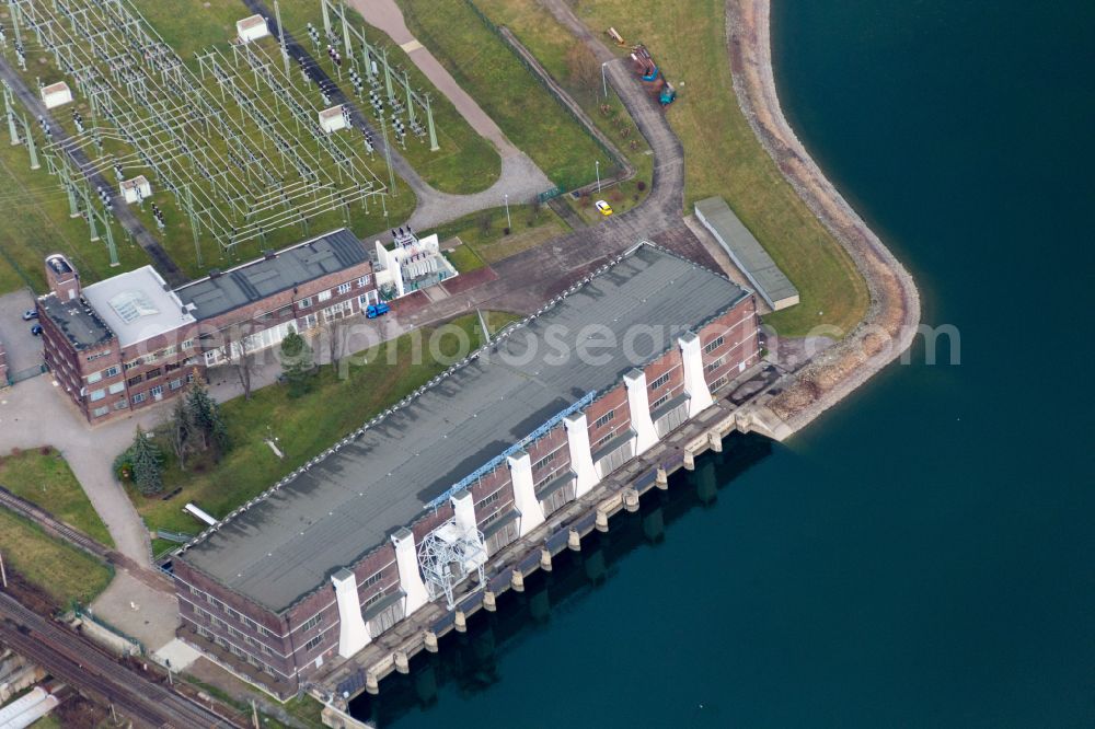 Aerial image Dresden - Structure and dams of the waterworks and hydroelectric power station and pumped storage power station with reservoir on the street Am Faehrhaus in the district of Niederwartha in Dresden in the federal state of Saxony, Germany