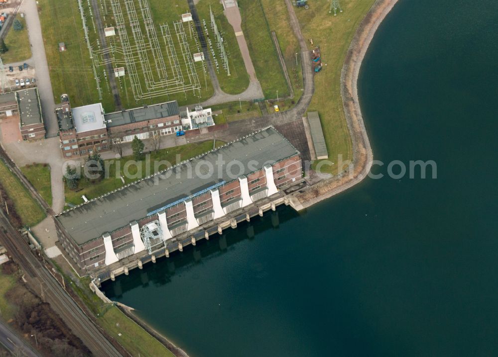 Aerial photograph Dresden - Structure and dams of the waterworks and hydroelectric power station and pumped storage power station with reservoir on the street Am Faehrhaus in the district of Niederwartha in Dresden in the federal state of Saxony, Germany