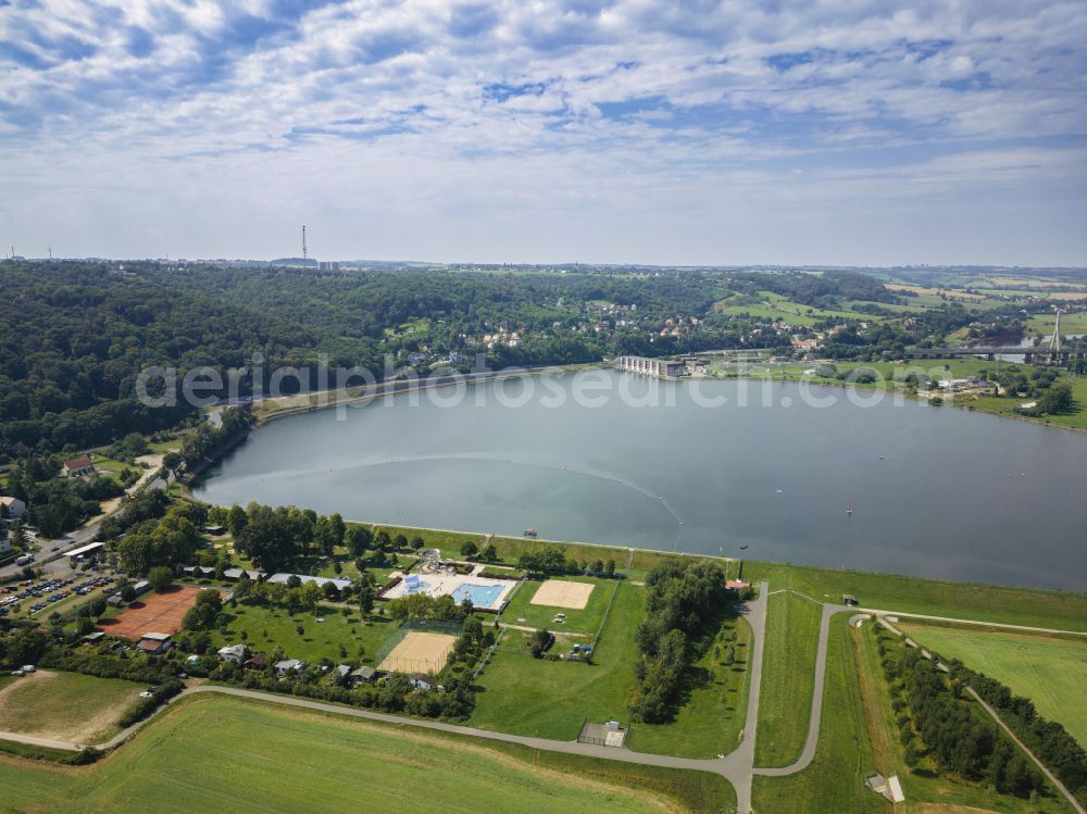 Dresden from the bird's eye view: Structure and dams of the waterworks and hydroelectric power station and pumped storage power station with reservoir on the street Am Faehrhaus in the district of Niederwartha in Dresden in the federal state of Saxony, Germany