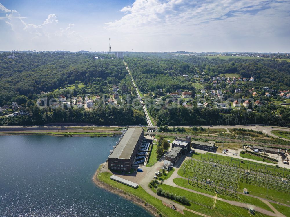 Aerial image Dresden - Structure and dams of the waterworks and hydroelectric power station and pumped storage power station with reservoir on the street Am Faehrhaus in the district of Niederwartha in Dresden in the federal state of Saxony, Germany