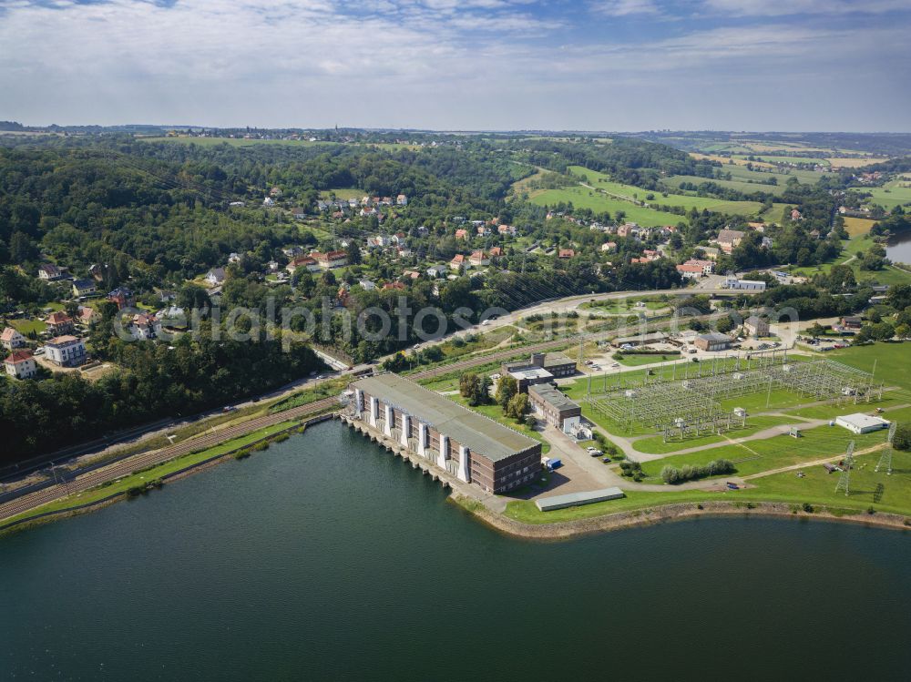 Aerial photograph Dresden - Structure and dams of the waterworks and hydroelectric power station and pumped storage power station with reservoir on the street Am Faehrhaus in the district of Niederwartha in Dresden in the federal state of Saxony, Germany