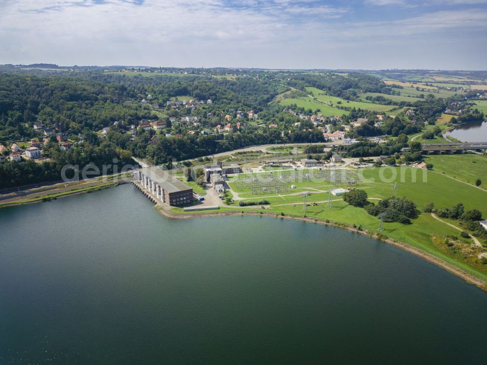 Dresden from above - Structure and dams of the waterworks and hydroelectric power station and pumped storage power station with reservoir on the street Am Faehrhaus in the district of Niederwartha in Dresden in the federal state of Saxony, Germany