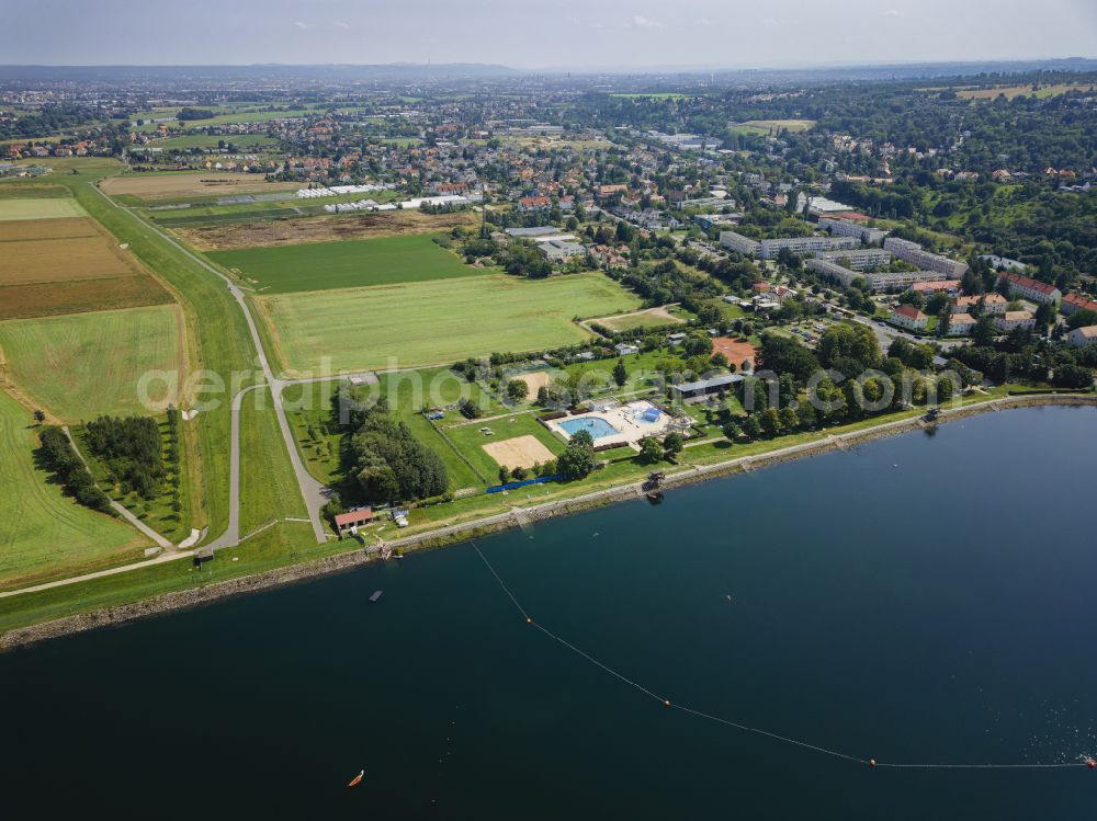 Aerial image Dresden - Structure and dams of the waterworks and hydroelectric power station and pumped storage power station with reservoir on the street Am Faehrhaus in the district of Niederwartha in Dresden in the federal state of Saxony, Germany