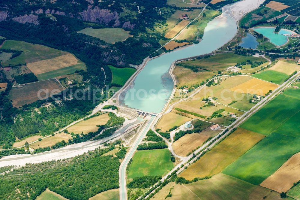 Méreuil from above - Structure and dams of the waterworks and hydroelectric power plant on whitewater river Buech in Mereuil in Provence-Alpes-Cote d'Azur, France