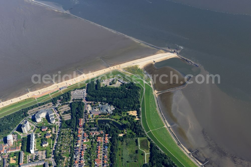 Cuxhaven from above - The Kugelbake in the Wadden Sea the North Sea coast in Sahlenburg in Cuxhaven in Lower Saxony. The Kugelbake is made of wood, navaids. Measured from the mean high tide to the middle of the small ball is their height 28.4 m. Down it goes on the sandy path to Doeser dike, right the water is the same