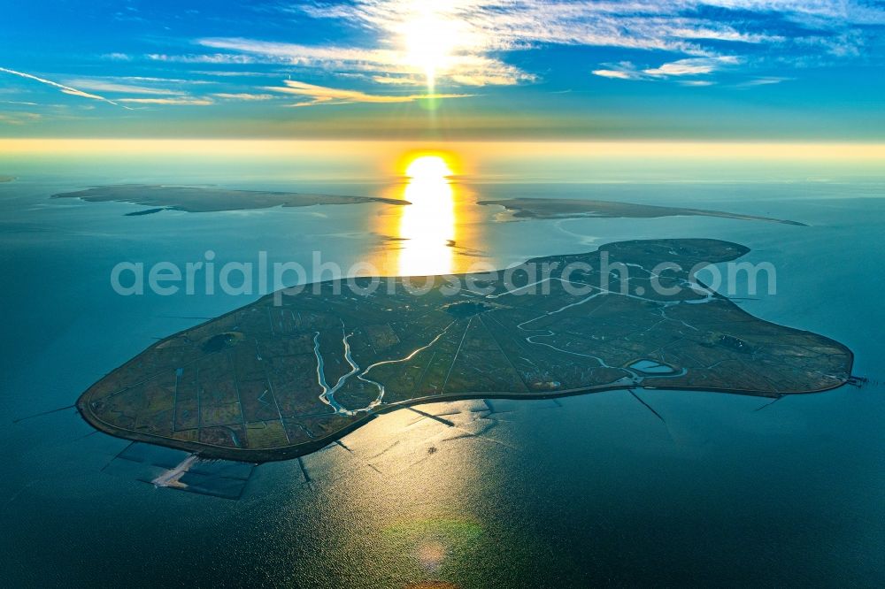 Aerial photograph Hooge - Wadden Sea of North Sea Coast in Hooge, in Sunset, in the state Schleswig-Holstein, Germany