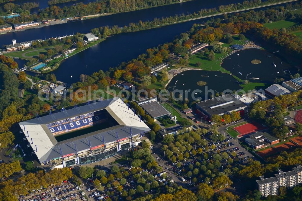 Duisburg from the bird's eye view: Wedau Sports Park with the MSV-Arena (formerly Wedaustadion) in Duisburg in North Rhine-Westphalia