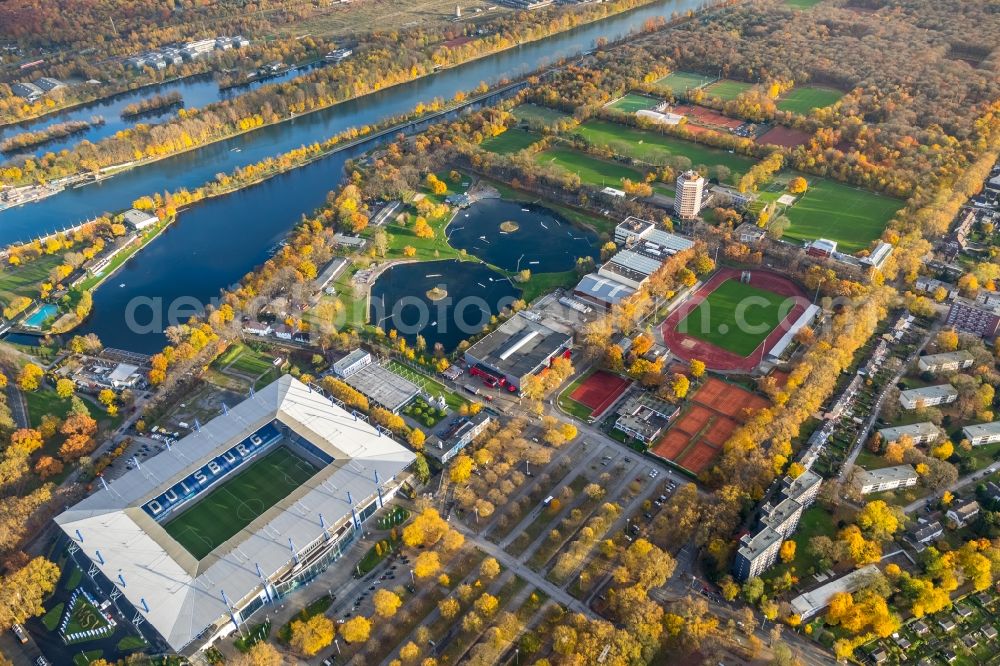 Duisburg from the bird's eye view: Wedau Sports Park with the MSV-Arena (formerly Wedaustadion) in Duisburg in North Rhine-Westphalia