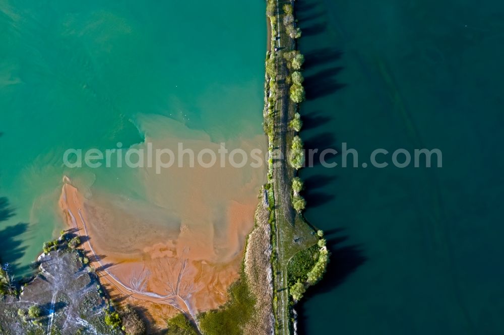 Erfurt from above - Path between two gravel quarry ponds in Erfurt in the state Thuringia, Germany