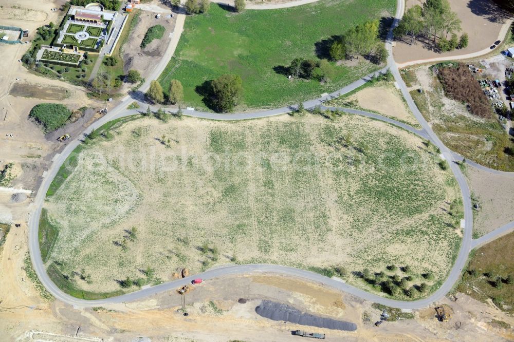 Aerial image Berlin - Structures and paths in the area of the main entrance of the site of IGA 2017 in the district of Marzahn-Hellersdorf in Berlin. The heart of the International gerden exibition will be the Gaerten der Welt - Gardens of the World. The Italian Renaissance Garden is located near the entrance on Blumberger Damm