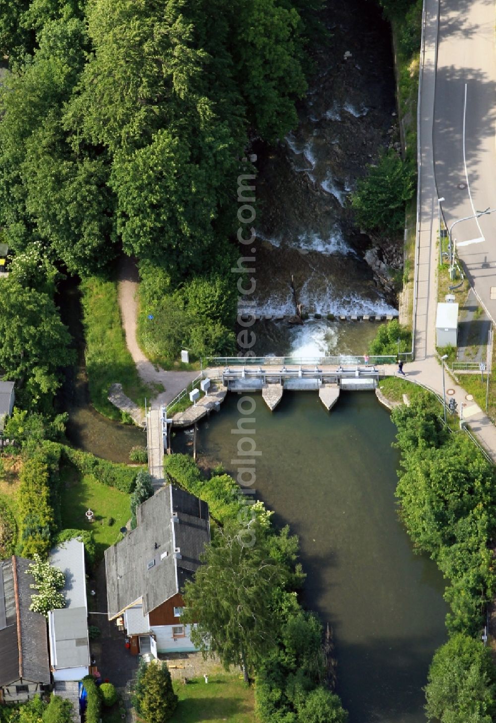 Arnstadt from above - At the confluence of the mill race and the river Gera at the level of the road on the Kupferrasen in Arnstadt in Thuringia a weir dams the water