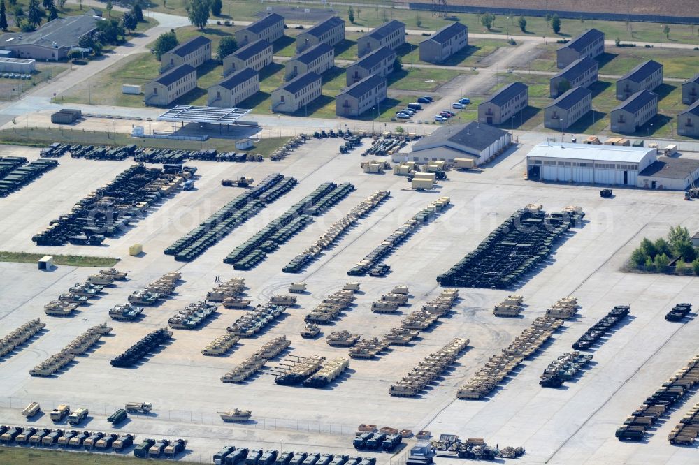 Mannheim from the bird's eye view: Deployment and deployment of tanks and military technology of the US armed forces on the grounds of the former US military airfield - aerodrome Coleman in Mannheim in Baden-Wuerttemberg