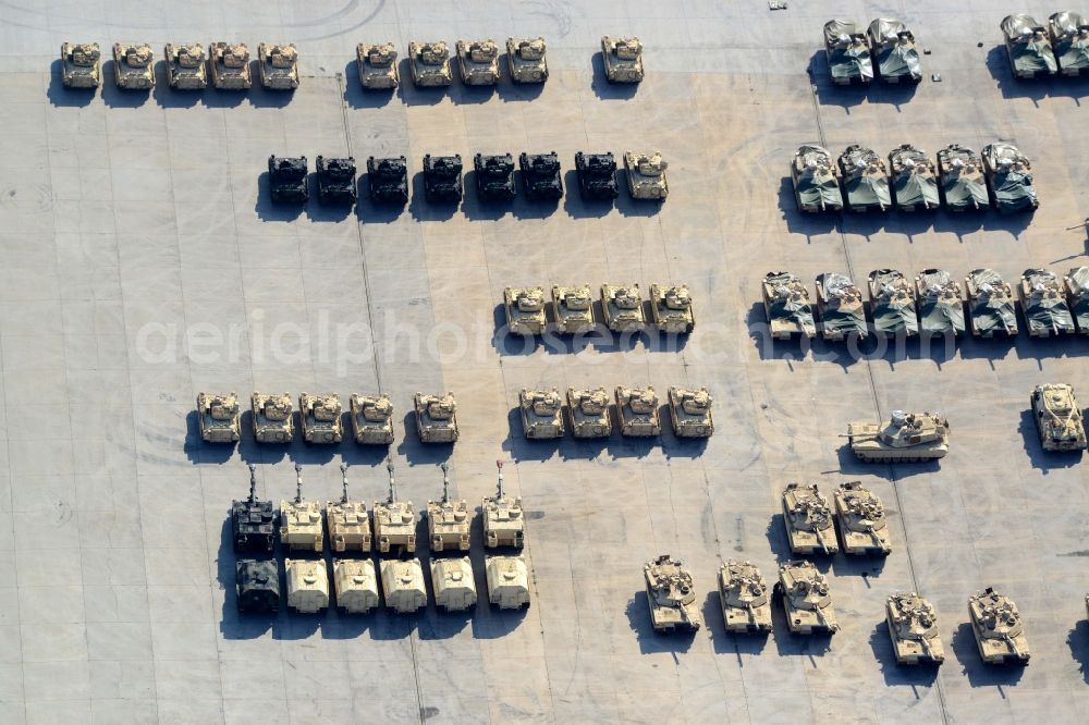 Aerial photograph Mannheim - Deployment and deployment of tanks and military technology of the US armed forces on the grounds of the former US military airfield - aerodrome Coleman in Mannheim in Baden-Wuerttemberg