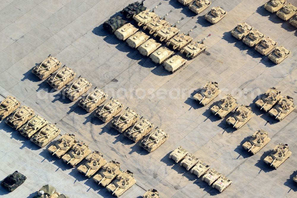 Mannheim from the bird's eye view: Deployment and deployment of tanks and military technology of the US armed forces on the grounds of the former US military airfield - aerodrome Coleman in Mannheim in Baden-Wuerttemberg