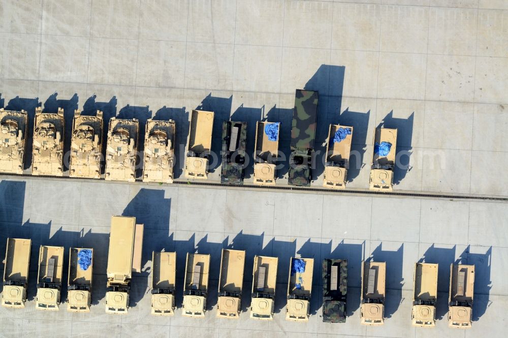 Aerial image Mannheim - Deployment and deployment of tanks and military technology of the US armed forces on the grounds of the former US military airfield - aerodrome Coleman in Mannheim in Baden-Wuerttemberg