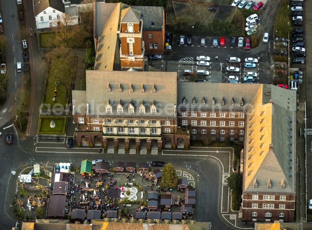 Bottrop from above - Christmas market at the Ernst-Wilczok Square in front of City Hall Bottrop in North Rhine-Westphalia