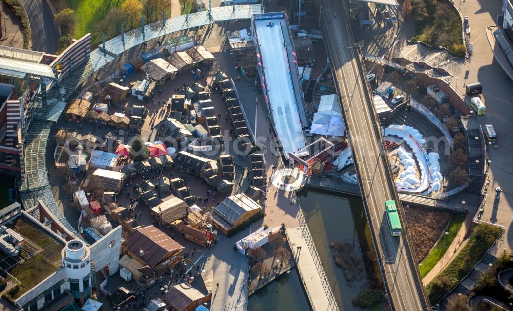 Oberhausen from above - Christmassy market event grounds and sale huts and booths on Centro shopping Center in Oberhausen in the state North Rhine-Westphalia