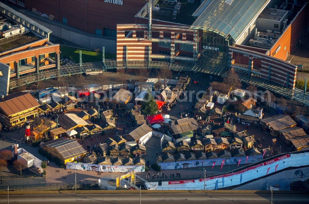 Aerial image Oberhausen - Christmassy market event grounds and sale huts and booths on Centro shopping Center in Oberhausen in the state North Rhine-Westphalia