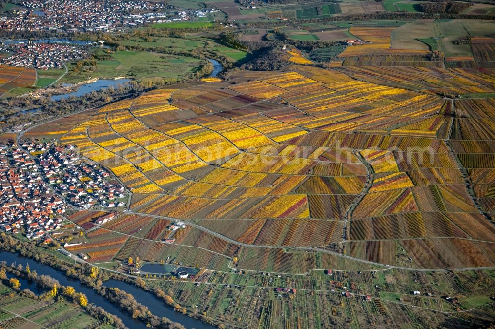 Nordheim am Main from above - Fields of wine cultivation landscape in Nordheim am Main in the state Bavaria, Germany