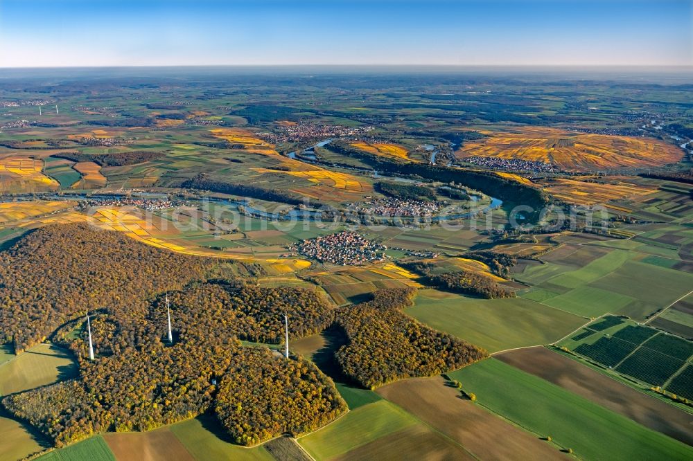 Aerial photograph Volkach - fields of wine cultivation landscape on river course of main in Volkach in the state Bavaria, Germany