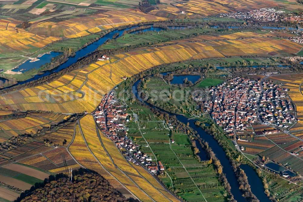 Aerial image Volkach - fields of wine cultivation landscape on river course of main in Volkach in the state Bavaria, Germany