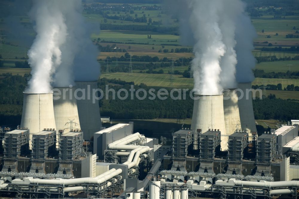 Jänschwalde from above - Clouds of exhaust gas in the cooling towers of the power plant Jaenschwalde, a lignite-fired thermal power plant in southeastern Brandenburg. Power plant operator is to Vattenfall Europe belonging Vattenfall Europe Generation AG, which emerged from VEAG