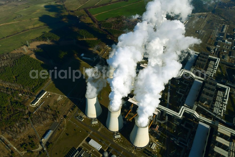 Aerial image Teichland - Clouds of exhaust gas in the cooling towers of the power plant Jaenschwalde, a lignite-fired thermal power plant in southeastern Brandenburg. Power plant operator is to Vattenfall Europe belonging Vattenfall Europe Generation AG, which emerged from VEAG