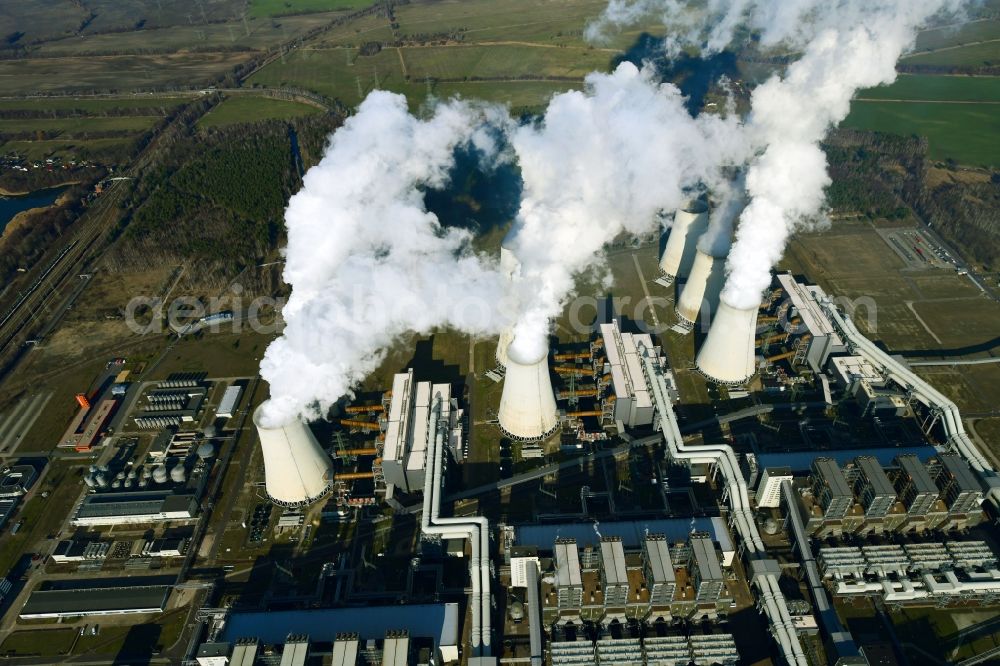 Teichland from above - Clouds of exhaust gas in the cooling towers of the power plant Jaenschwalde, a lignite-fired thermal power plant in southeastern Brandenburg. Power plant operator is to Vattenfall Europe belonging Vattenfall Europe Generation AG, which emerged from VEAG