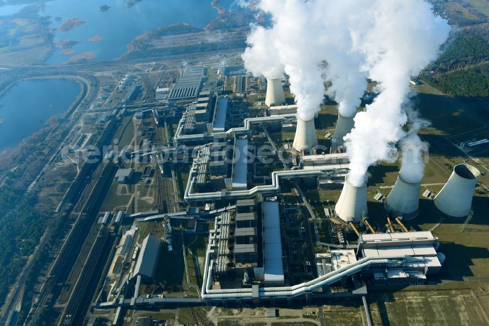 Teichland from above - Clouds of exhaust gas in the cooling towers of the power plant Jaenschwalde, a lignite-fired thermal power plant in southeastern Brandenburg. Power plant operator is to Vattenfall Europe belonging Vattenfall Europe Generation AG, which emerged from VEAG