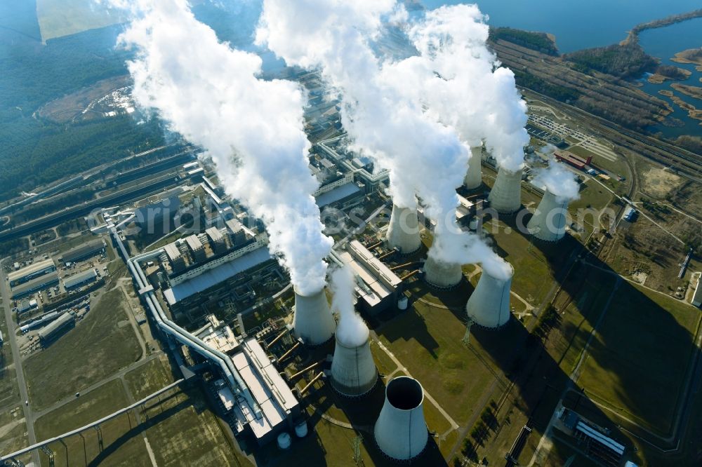 Teichland from above - Clouds of exhaust gas in the cooling towers of the power plant Jaenschwalde, a lignite-fired thermal power plant in southeastern Brandenburg. Power plant operator is to Vattenfall Europe belonging Vattenfall Europe Generation AG, which emerged from VEAG