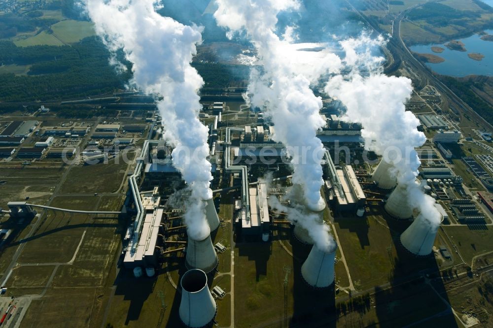 Aerial image Teichland - Clouds of exhaust gas in the cooling towers of the power plant Jaenschwalde, a lignite-fired thermal power plant in southeastern Brandenburg. Power plant operator is to Vattenfall Europe belonging Vattenfall Europe Generation AG, which emerged from VEAG